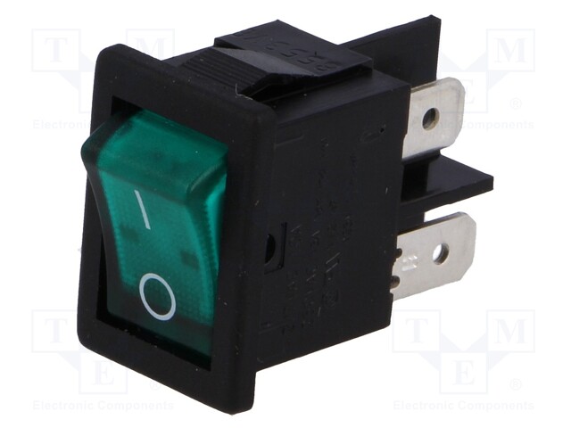 ROCKER; DPST; Pos: 2; OFF-ON; 10A/250VAC; 10A/28VDC; green