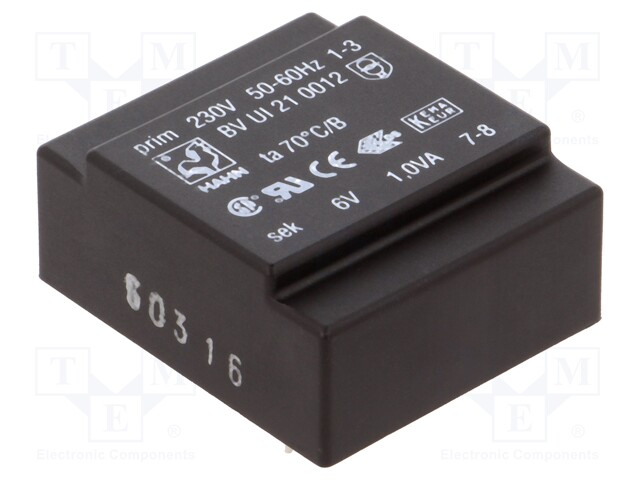 Transformer: encapsulated; 1VA; 230VAC; 6V; 166mA; Mounting: PCB