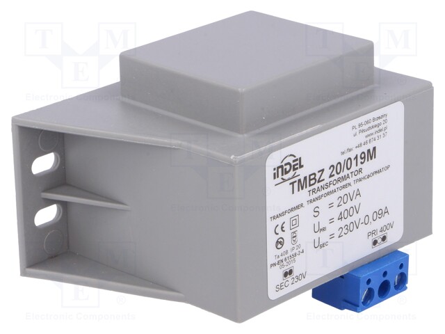 Transformer: encapsulated; 20VA; 400VAC; 230V; 0.08A; 0.55kg
