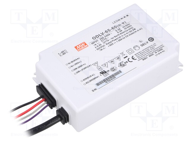 Power supply: switched-mode; LED; 65W; 60VDC; 1.08A; 180÷295VAC