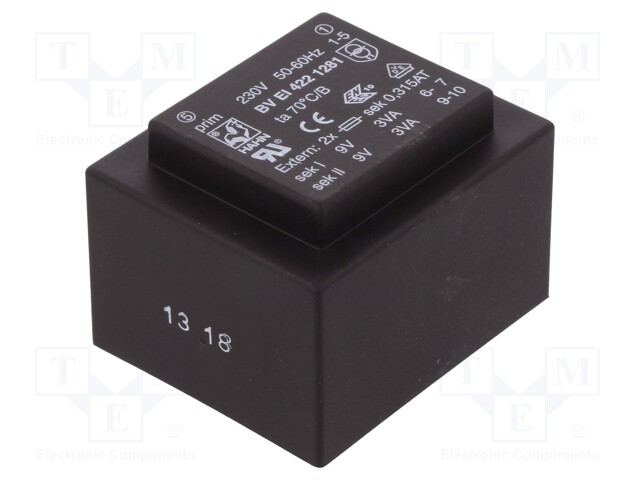 Transformer: encapsulated; 6VA; 230VAC; 9V; 9V; 334mA; 334mA; 200g