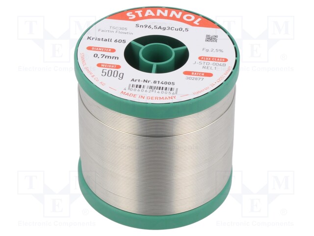 Soldering wire; Sn96,5Ag3Cu0,5; 0.7mm; 500g; lead free; reel; 2.5%