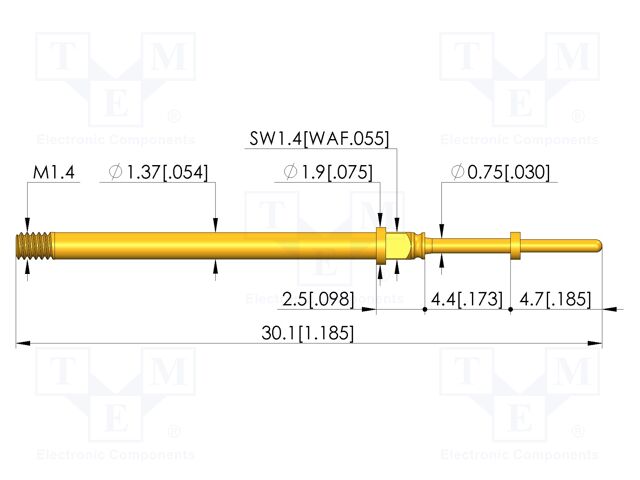 Test needle; Spring compression: 3.5mm; 4.4mm; 5A; CuBe; Ø: 0.65mm