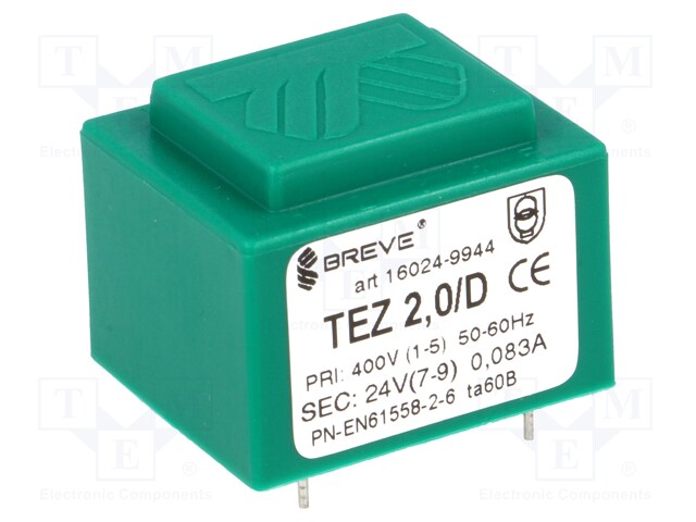 Transformer: encapsulated; 2VA; 400VAC; 24V; Mounting: PCB; IP00