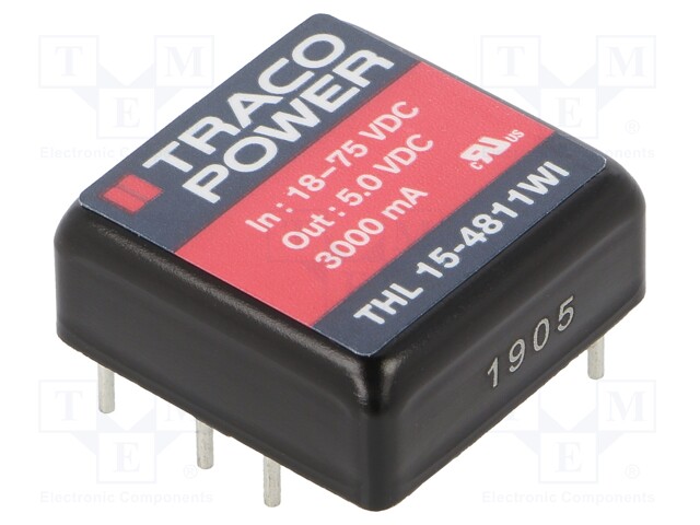 Converter: DC/DC; 15W; Uin: 18÷75V; 5VDC; Iout: 3000mA; 1"x1"; 15g