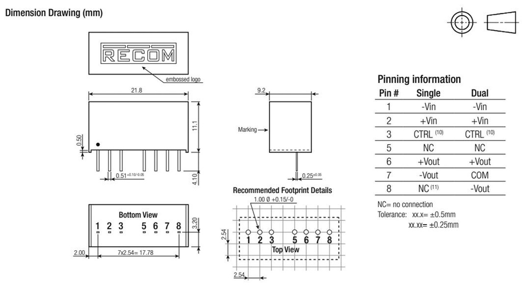 Converter: DC/DC; 1W; Uin: 18÷36VDC; Uout: 5VDC; Uout2: -5VDC; SIP8