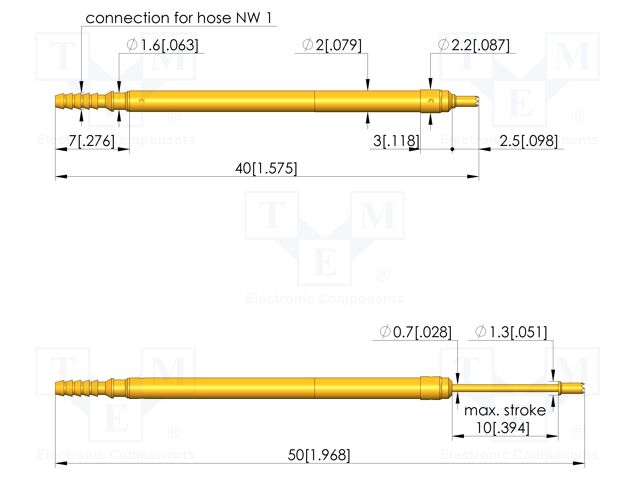Test needle; Spring compression: 6mm; 10mm; 1A; steel; gold-plated