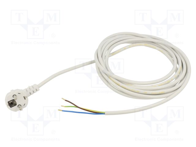 Cable; CEE 7/7 (E/F) plug angled,wires; PVC; 5m; white; 3x0,75mm2