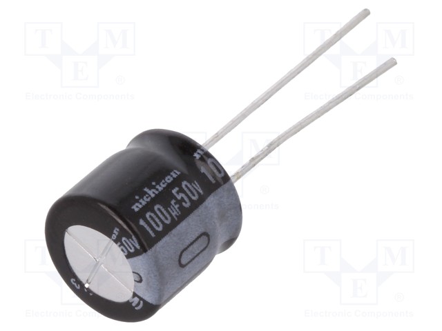 Capacitor: electrolytic; THT; 100uF; 50VDC; Ø10x9mm; Pitch: 5mm