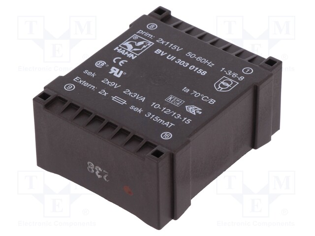 Transformer: encapsulated; 6VA; 115/115VAC; 9V; 9V; 334mA; 334mA