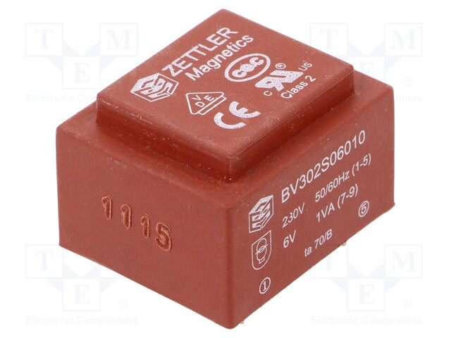 Transformer: encapsulated; 1VA; 230VAC; 6V; 166mA; Mounting: PCB