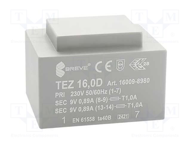 Transformer: encapsulated; 16VA; 230VAC; 9V; 9V; 888.8mA; 888.8mA
