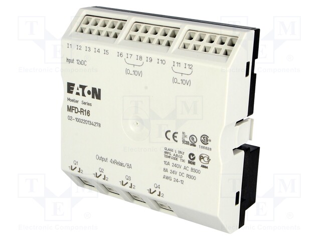 Module: extension; IN: 12; OUT: 4; 24VDC; OUT 1: relay; OUT 1: 8A