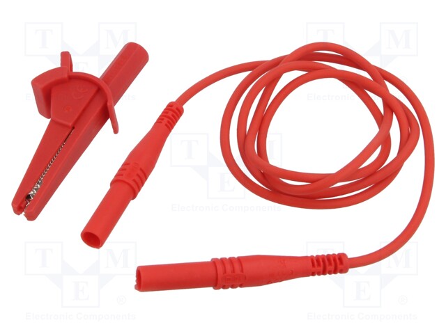 Test lead; banana plug 4mm,aligator clip; Len: 1m; red