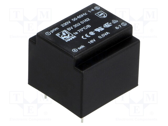 Transformer: encapsulated; 0.5VA; 230VAC; 18V; 28mA; Mounting: PCB