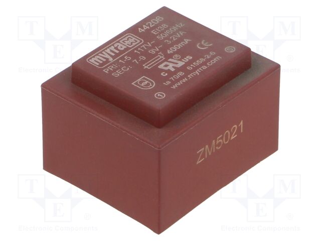 Transformer: encapsulated; 3.2VA; 117VAC; 9V; 356mA; Mounting: PCB