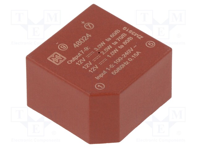 Converter: AC/DC; 3W; Uout: 12VDC; Iout: 250mA; 72%; Mounting: PCB