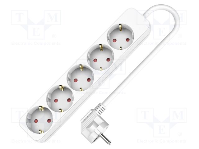 Extension lead; 3x1.5mm2; Schuko; Sockets: 5; PVC; white; 5m; 16A