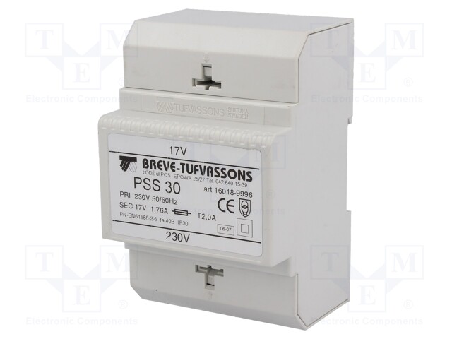 Transformer: safety; 30VA; 230VAC; 17V; IP30; Mounting: DIN; 1kg