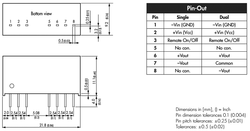 Converter: DC/DC; 3W; Uin: 18÷75V; 15VDC; Iout: 200mA; SIP8; 4.8g
