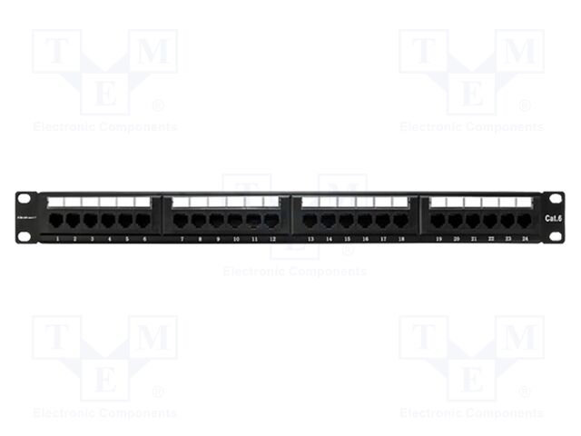 Patch panel; black; Number of ports: 24; Cat: 6; RJ45 socket x24