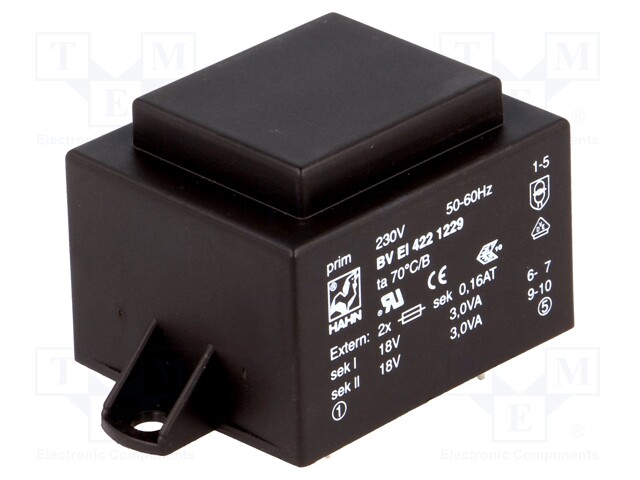Transformer: encapsulated; 6VA; 230VAC; 18V; 18V; 167mA; 167mA; 200g