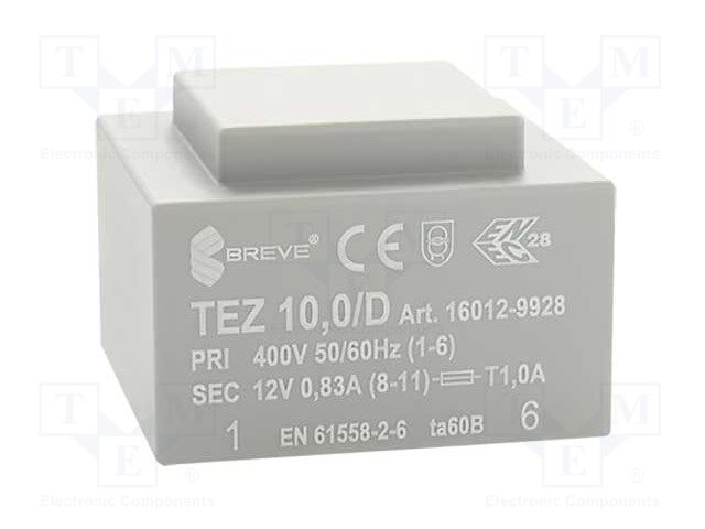 Transformer: encapsulated; 10VA; 400VAC; 12V; 833.3mA; IP00; 280g