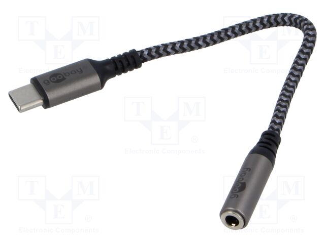 Cable; Jack 3.5mm 3pin socket,USB C plug; 150mm; black,grey