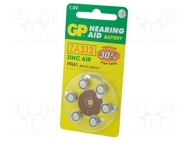 Battery: zinc air (ZnO2); 1.4V; AC312,R36; non-rechargeable