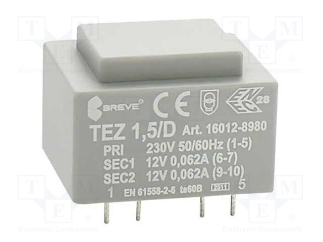 Transformer: encapsulated; 1.5VA; 230VAC; 12V; 12V; 62.5mA; 62.5mA