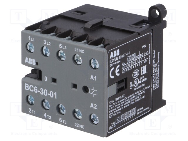 Contactor: 3-pole; NO x3; Auxiliary contacts: NC; 24VDC; 6A; BC6