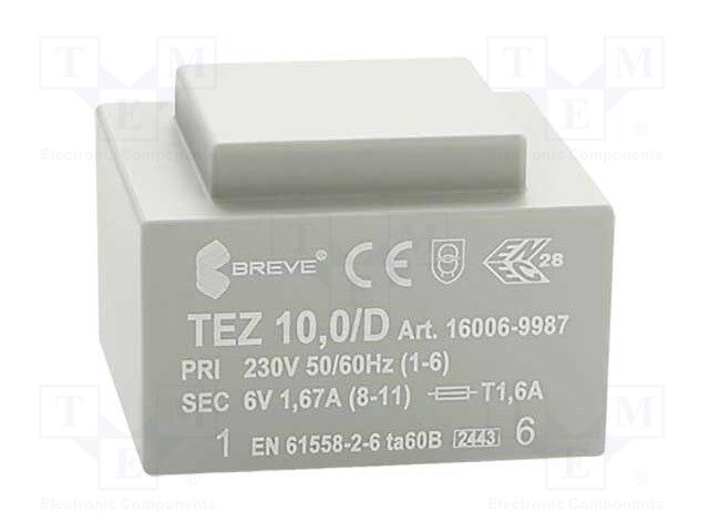 Transformer: encapsulated; 10VA; 230VAC; 6V; 1666.6mA; IP00; 280g
