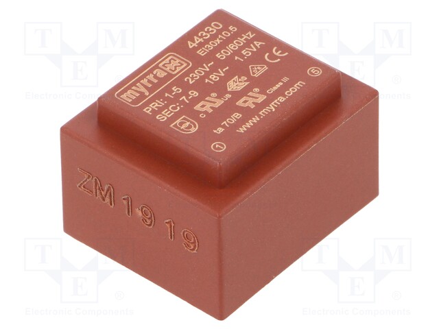 Transformer: encapsulated; 1.5VA; 230VAC; 18V; 83mA; Mounting: PCB
