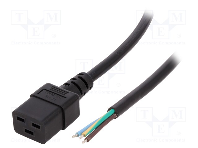 Cable; IEC C19 female,wires; Len: 1.5m; black; PVC; 3G1,5mm2