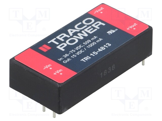 Converter: DC/DC; 15W; Uin: 36÷75V; Uout: 15VDC; Iout: 1A; 2"x1"; 30g