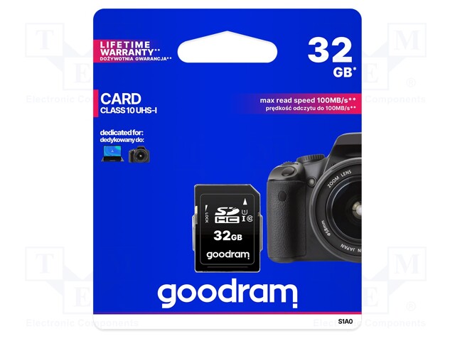 Memory card; SD HC; 32GB; Read: 100MB/s; Write: 10MB/s; UHS I