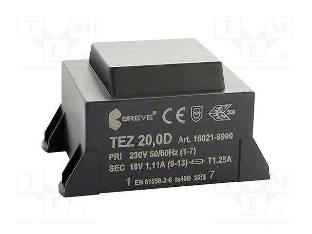 Transformer: encapsulated; 20VA; 230VAC; 18V; 1111.1mA; IP00; 600g