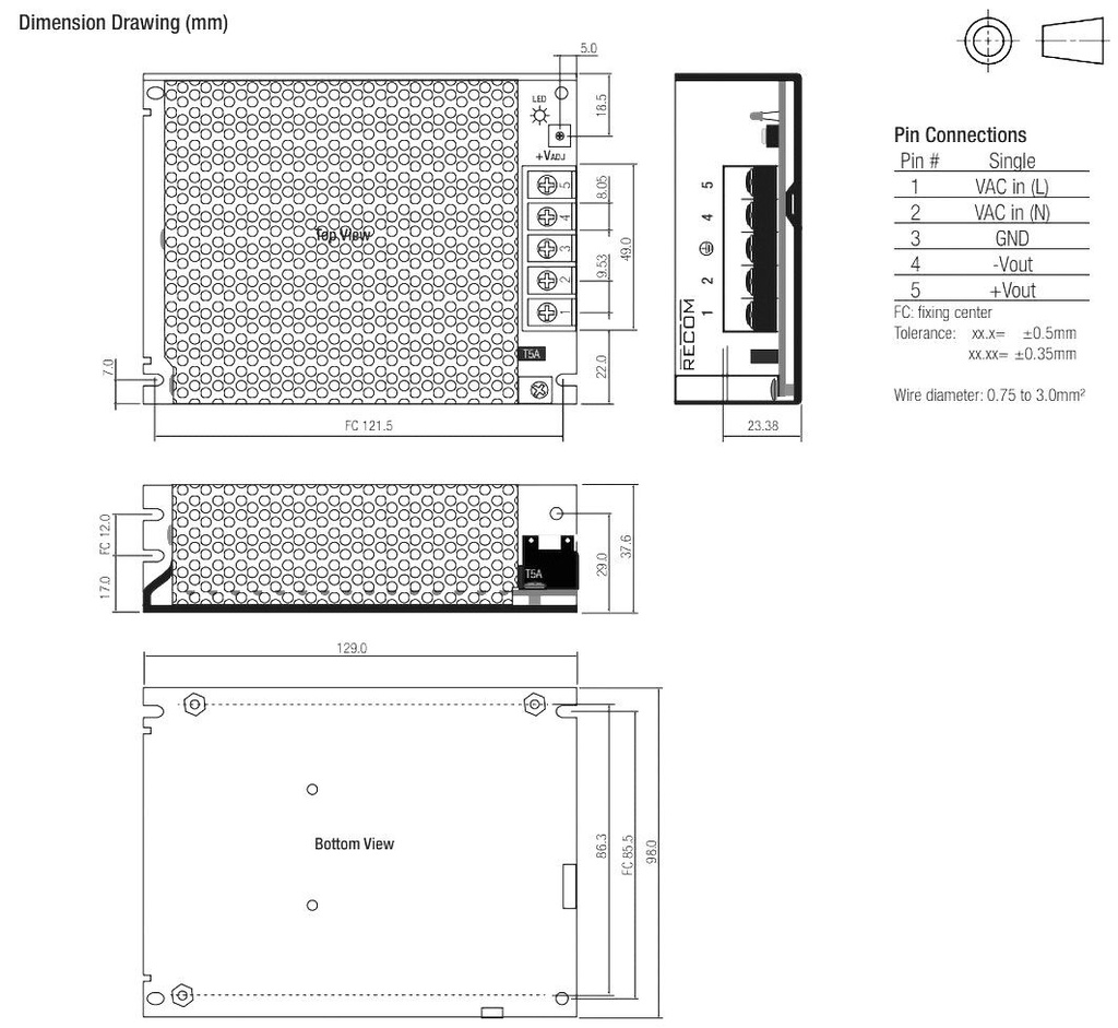Power supply: switched-mode; modular; 100W; 12VDC; 129x98x38mm