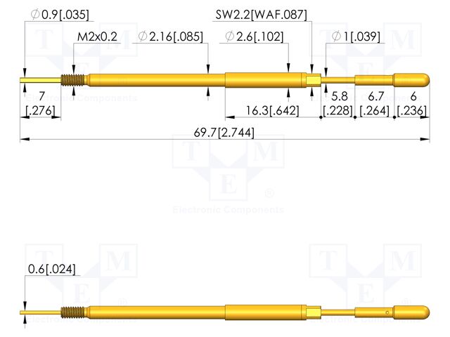 Test needle; Spring compression: 5mm; 5.5mm; 8A; steel; Ø: 2.3mm
