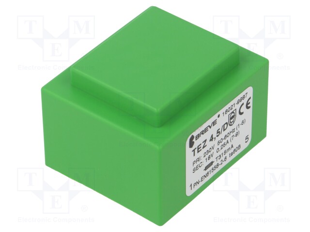 Transformer: encapsulated; 4.5VA; 230VAC; 18V; 250mA; Mounting: PCB