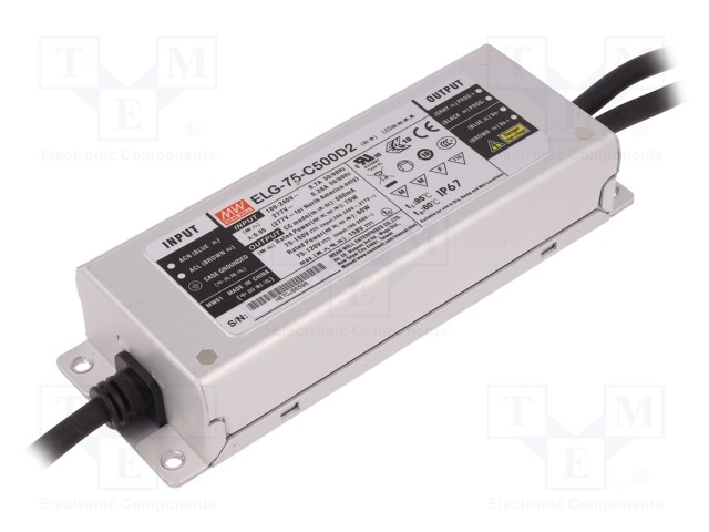 Power supply: switched-mode; LED; 75W; 75÷150VDC; 500mA; IP67; 800g