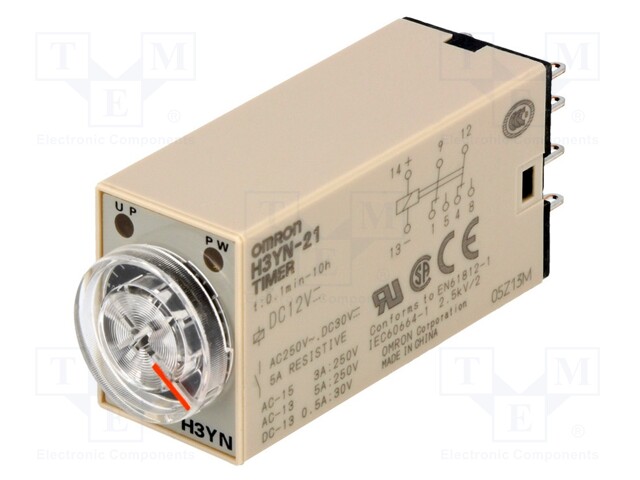 Timer; 0,1min÷10h; DPDT; 250VAC/5A; 12VDC; H3YN; socket; -10÷50°C