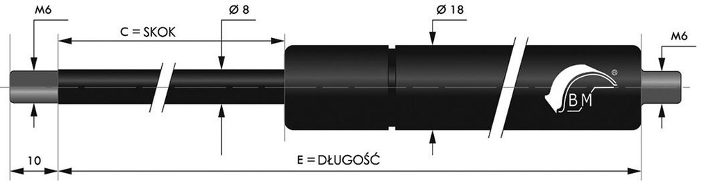 Gas spring; Thread: M6; E: 325mm; Øout: 18mm; Piston diam: 8mm; 550N