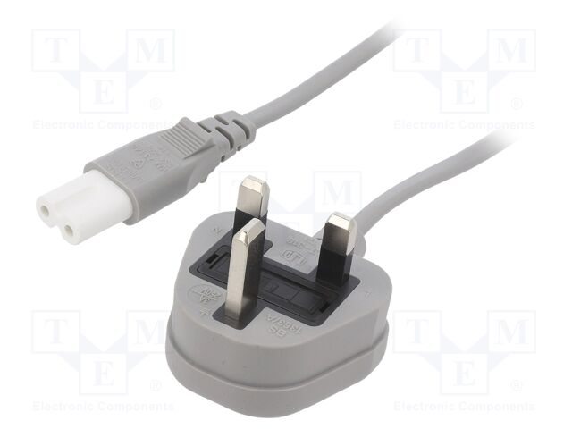 Cable; BS 1363 (G) plug,IEC C7 female; PVC; 1.8m; grey; 2x0,75mm2