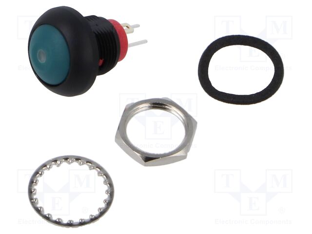 Switch: push-button; Pos: 2; SPST; 0.1A/50VDC; 0.125A/125VAC; green