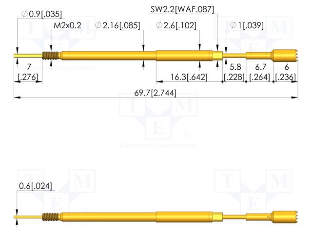 Test needle; Spring compression: 5mm; 5.5mm; 8A; steel; Ø: 3mm; 10N