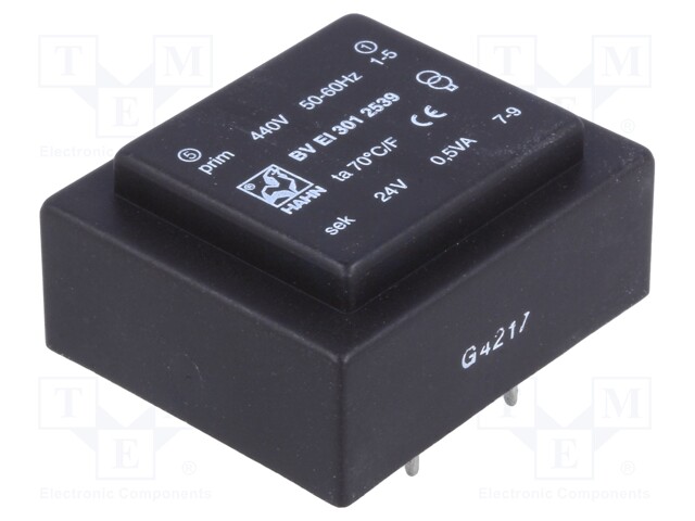 Transformer: encapsulated; 0.5VA; 440VAC; 24V; 20mA; Mounting: PCB