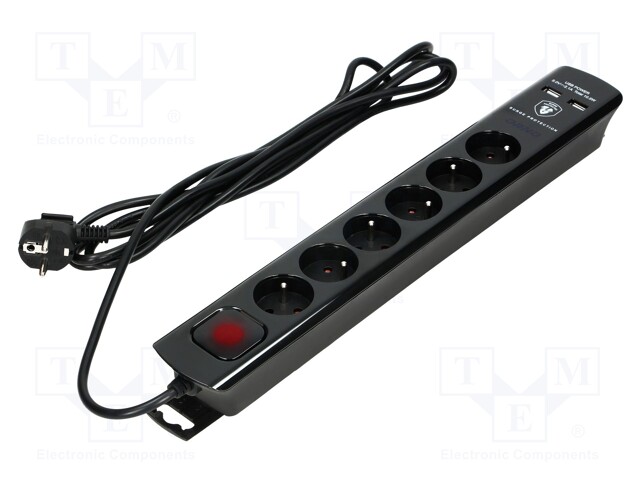 Plug socket strip: protective; Sockets: 6; 230VAC; 10A; black; 3m
