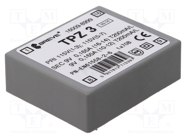 Transformer: mains; 3VA; 115VAC; 9V; 9V; Mounting: PCB; IP00