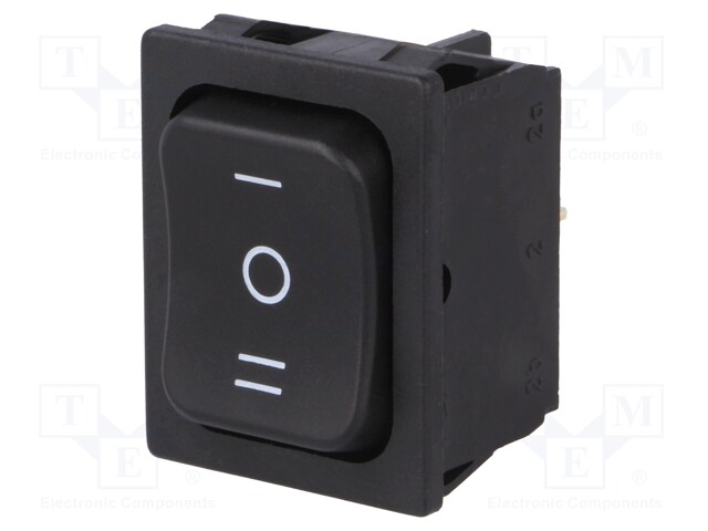 ROCKER; DP3T; Pos: 3; ON-OFF-ON; 6A/250VAC; black; IP40; none; 100mΩ